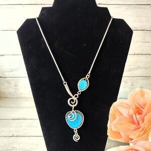 New Statement Faux Turquoise Stones Silver Tone Necklace 28" Bold